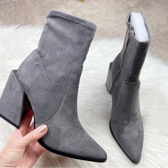 New Steven New York by Steve Madden Taite Pointed Toe Booties in Gray Faux Suede - Picture 2 of 10